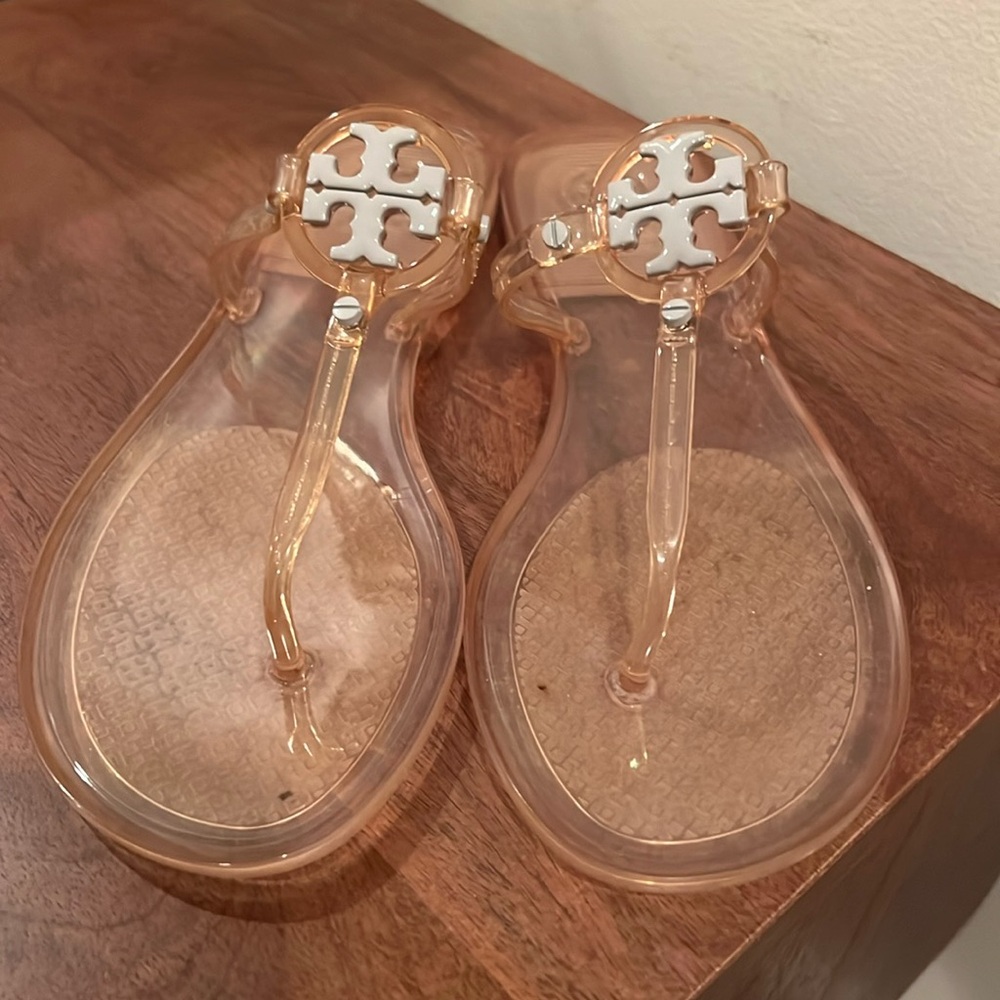 Tory Burch jelly slides, nude with light gray logo